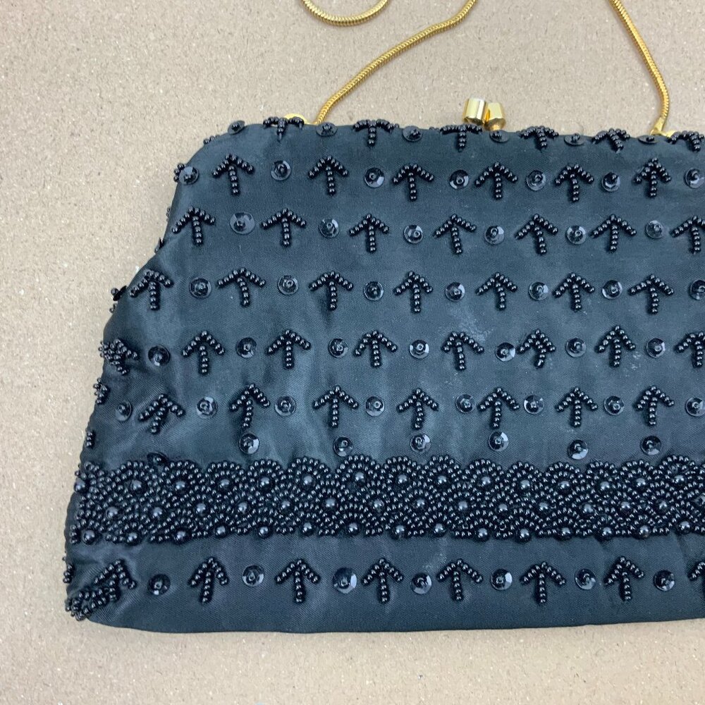 Vintage 60s Black Satin Silk Beaded and Sequined Evening Party Clutch/Bag - Picture 16 of 16